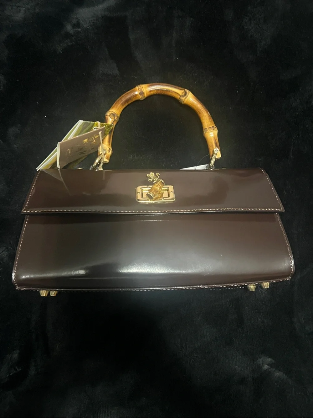 Pratesi Patent Dark Brown Top-Handle Satchel with Bamboo Handle